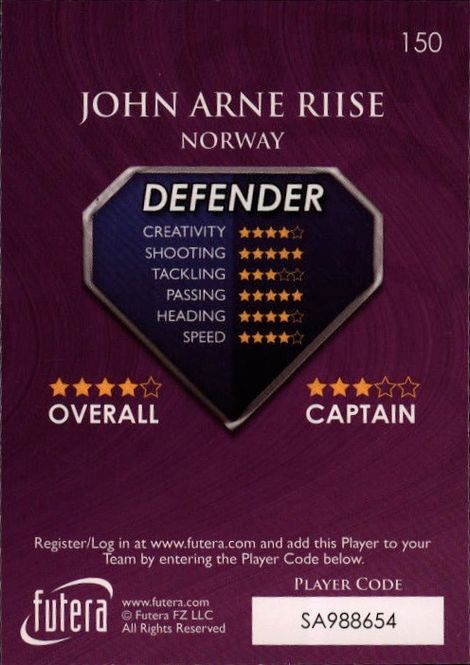 Hovedbilde FUTERA  WORLD FOOTBALL  JOHN ARNE RIISE #150 ON ...