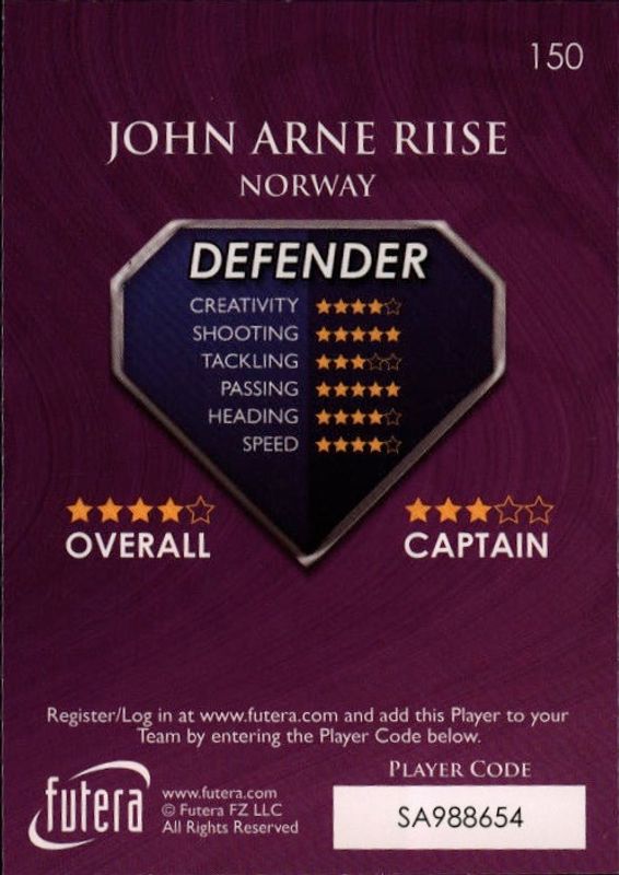 FUTERA  WORLD FOOTBALL  JOHN ARNE RIISE #150 ON CARD AUTOGRAPH