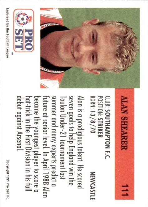 Hovedbilde ALAN SHEARER 1991-92 Pro Set 2nd Year Rookie RC ...