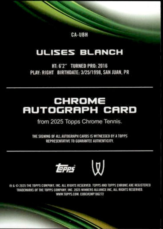 Topps 2025 Topps Chrome Tennis Ulises Blanch Chrome Auto #CA-UBH #22/25