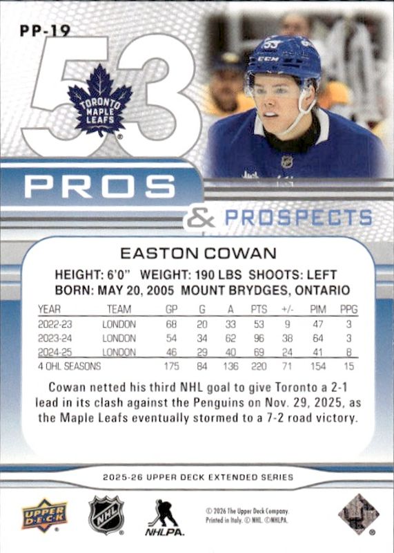 2025-26 Upper Deck Extended Series Pros amd Prospects Easton Cowan