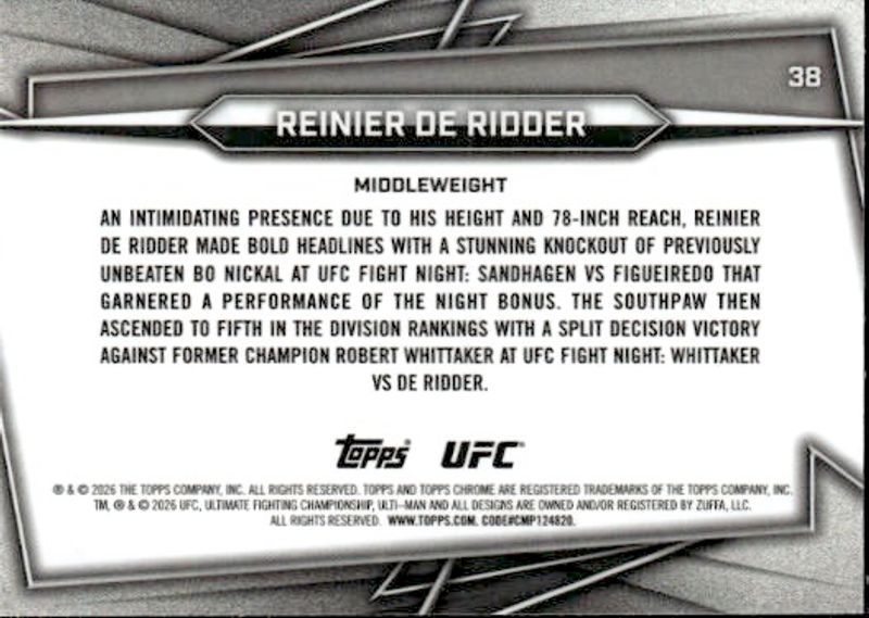 2026 Topps Chrome UFC Reinier De Ridder Negative Refractor #38