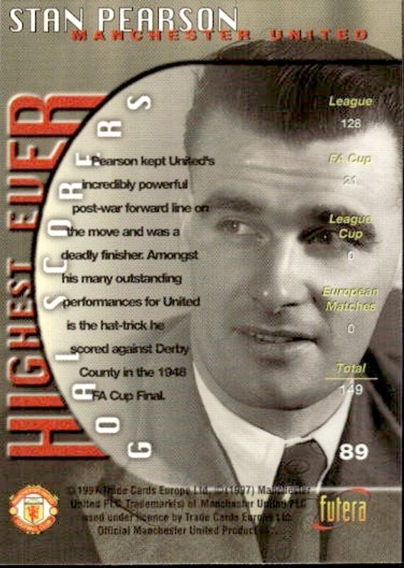 1997 Futera Manchester United FC Highest Ever Goal Scorers Stan Pearson #89