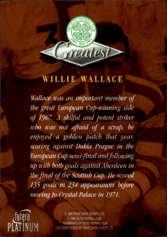 1999 Futera Platinum Celtic Greatest WILLIE WALLACE 22 CARAT GOLD GILDED EDGES