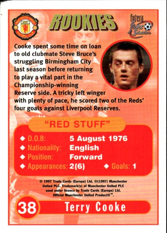 1997 Futera Fans Selection Manchester United Rookies MICHAEL CLEGG #37