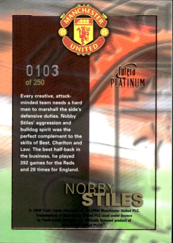 1998 Futera Redemption card Nobby Stiles Manchester United Football Autograph on card #103/250