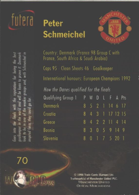 1998 Futera Manchester United World Cup Chrome Foil Peter Schmeichel #70 players edition /500