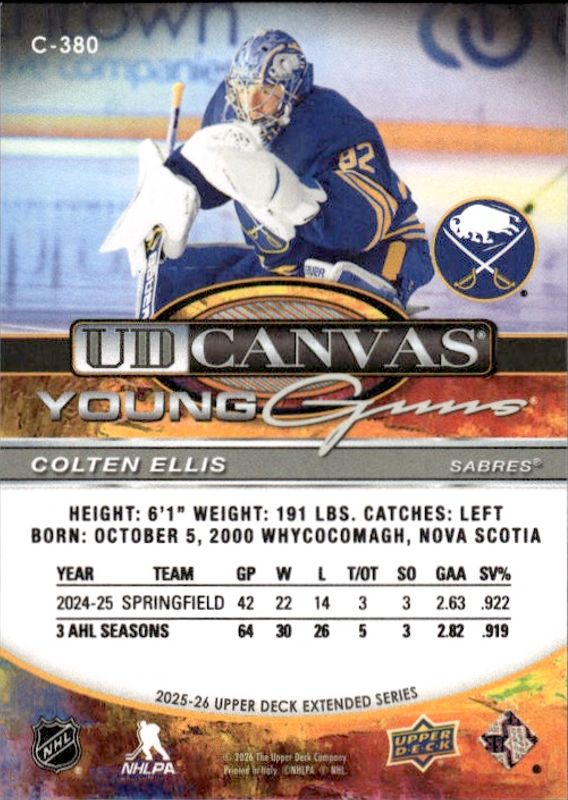 2025-26 Upper Deck Extended Colten Ellis Young Guns UD Canvas #C-380