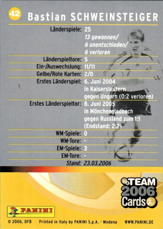2006 PANINI TEAM 2006 CARDS  Bastian Schweinsteiger #42 ON CARD AUTO 