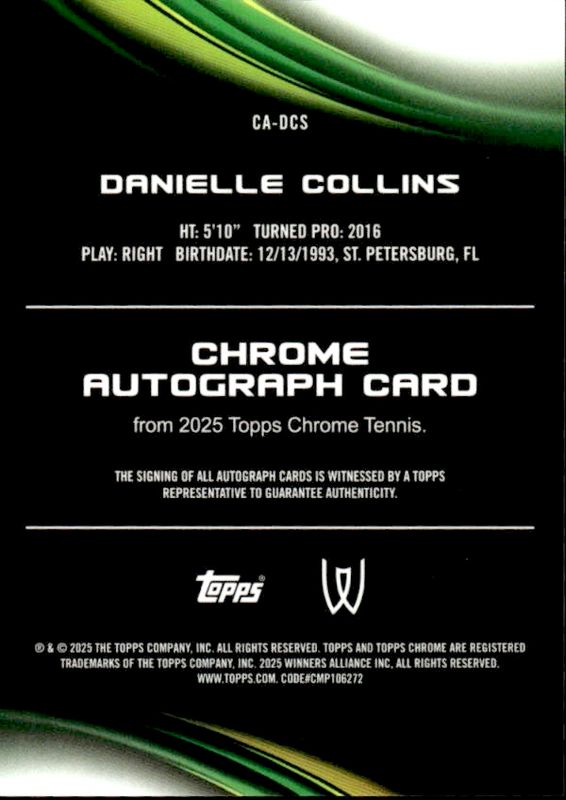 Danielle Collins 2025 Topps Chrome Tennis 097/150 Blue Refractor Auto CA-DCS