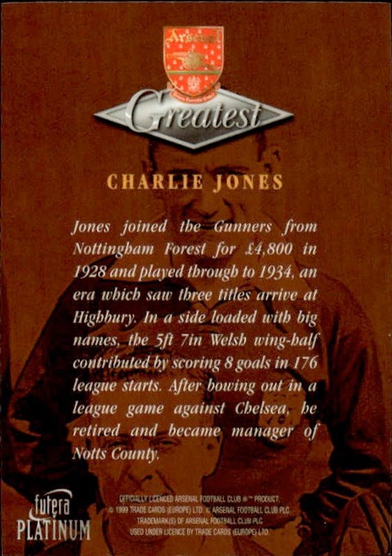 1999 Futera Platinum Arsenal Greatest CHARLIE JONES  22 CARAT GOLD GILDED EDGES 